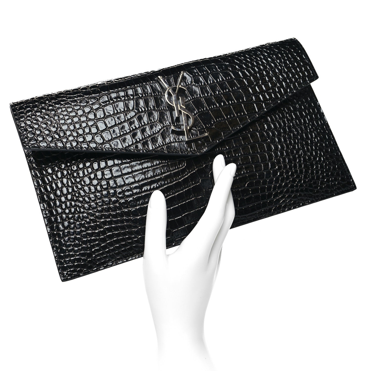 Saint Laurent Calfskin Crocodile Embossed Uptown Monogram Pouch Black 2 of 10