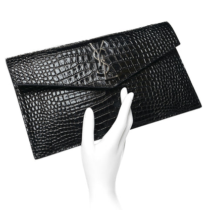 Saint Laurent Calfskin Crocodile Embossed Uptown Monogram Pouch Black 2 of 10