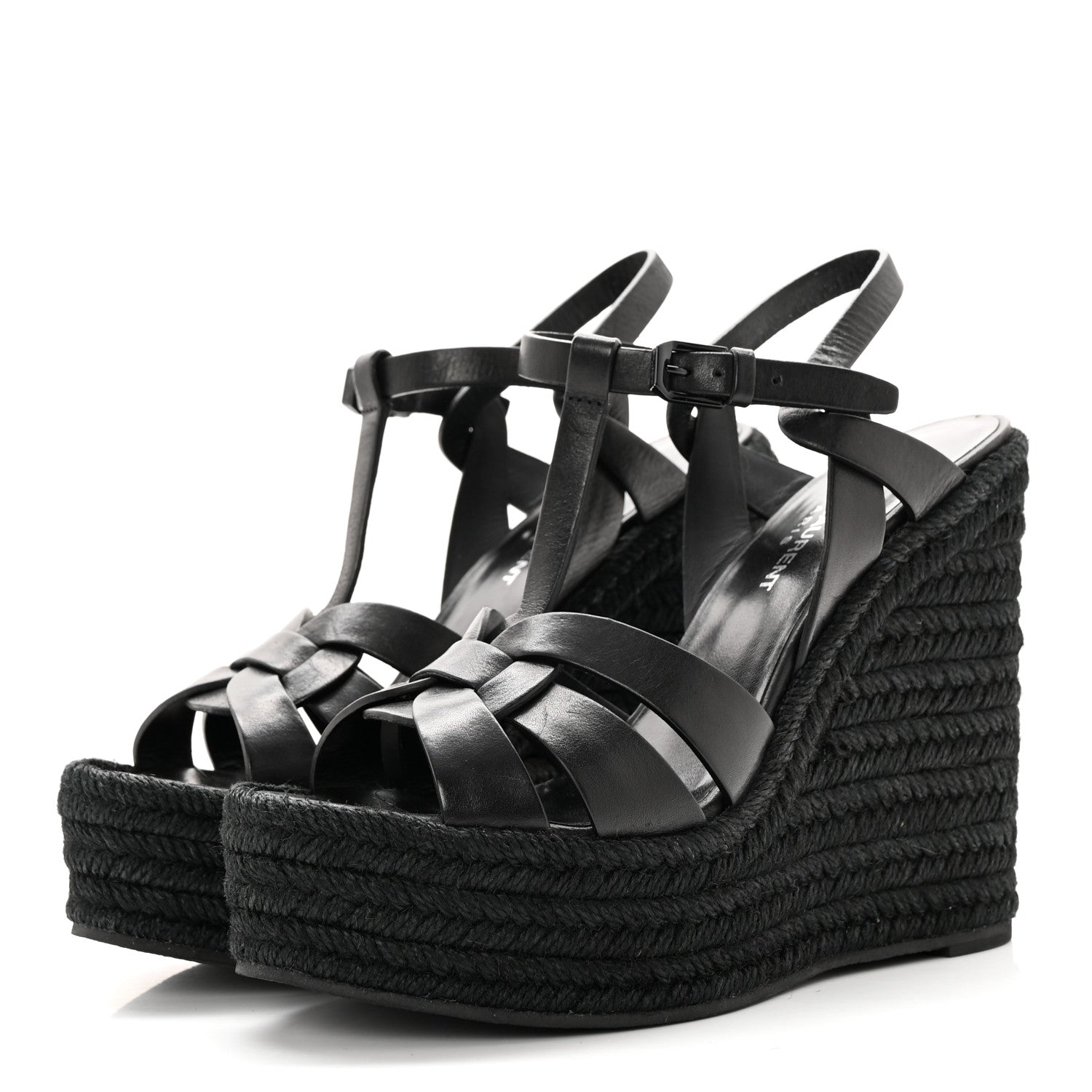 Saint Laurent Calfskin Tribute 95 Platform Espadrille Wedge Sandals 37 Black 3 of 13