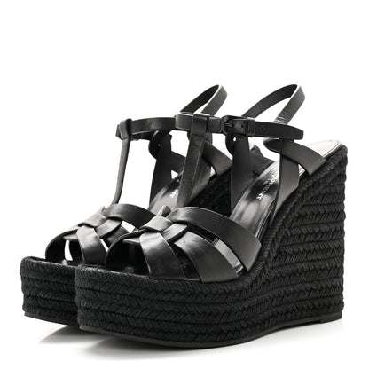 Saint Laurent Calfskin Tribute 95 Platform Espadrille Wedge Sandals 37 Black 3 of 13