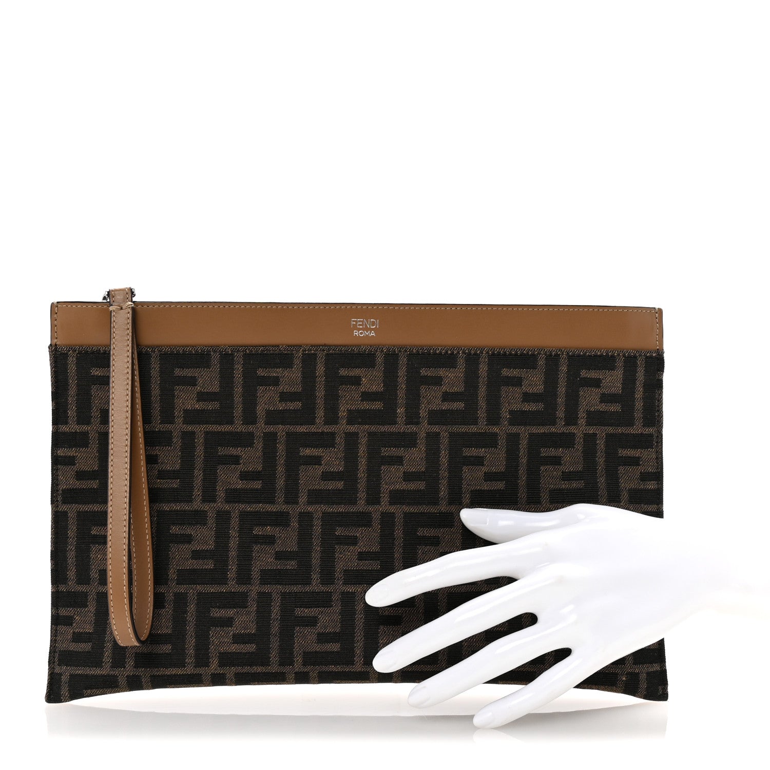Fendi Vitello King Jacquard FF 1974 Medium Flat Pouch Tobacco Moro Sand 2 of 7