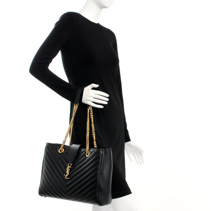 Saint Laurent Grain De Poudre Matelasse Chevron Monogram Shopping Bag Black 3 of 13