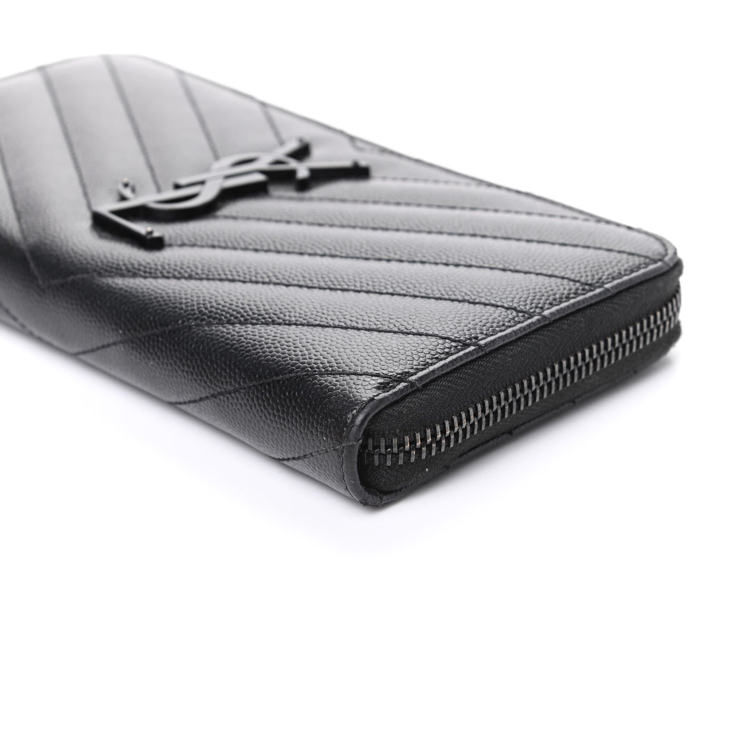 Saint Laurent Grain De Poudre Matelasse Chevron Monogram Zip Around Wallet Black 8 of 9
