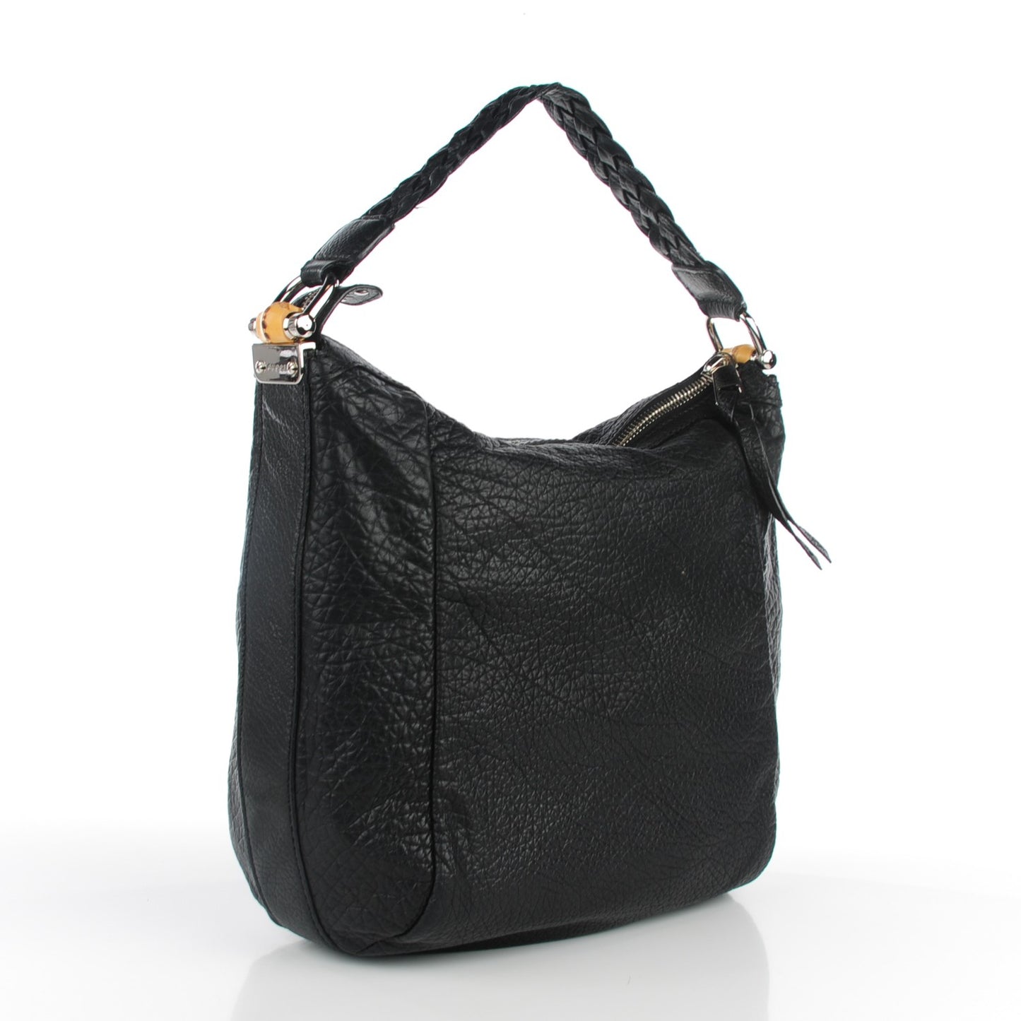Grained Calfskin Medium Bamboo Bar Hobo Black