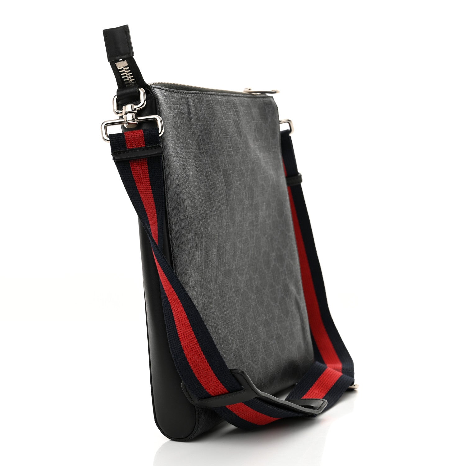 Gucci GG Supreme Monogram Appia Calfskin Web Flat Messenger Bag Black Grey 3 of 12