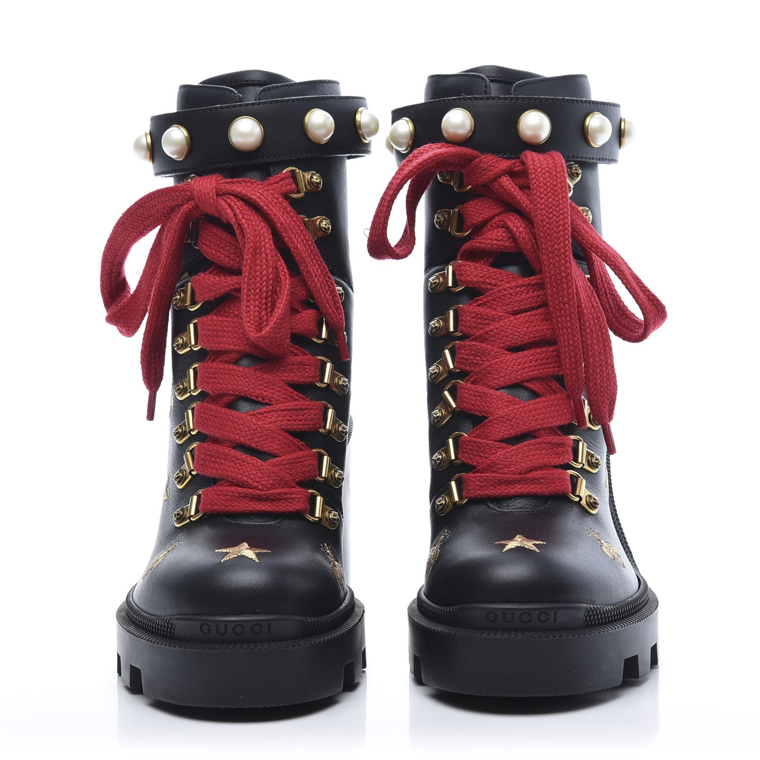 Gucci Calfskin Embroidered Lace Up Combat Ankle Boots 36 Black 2 of 9