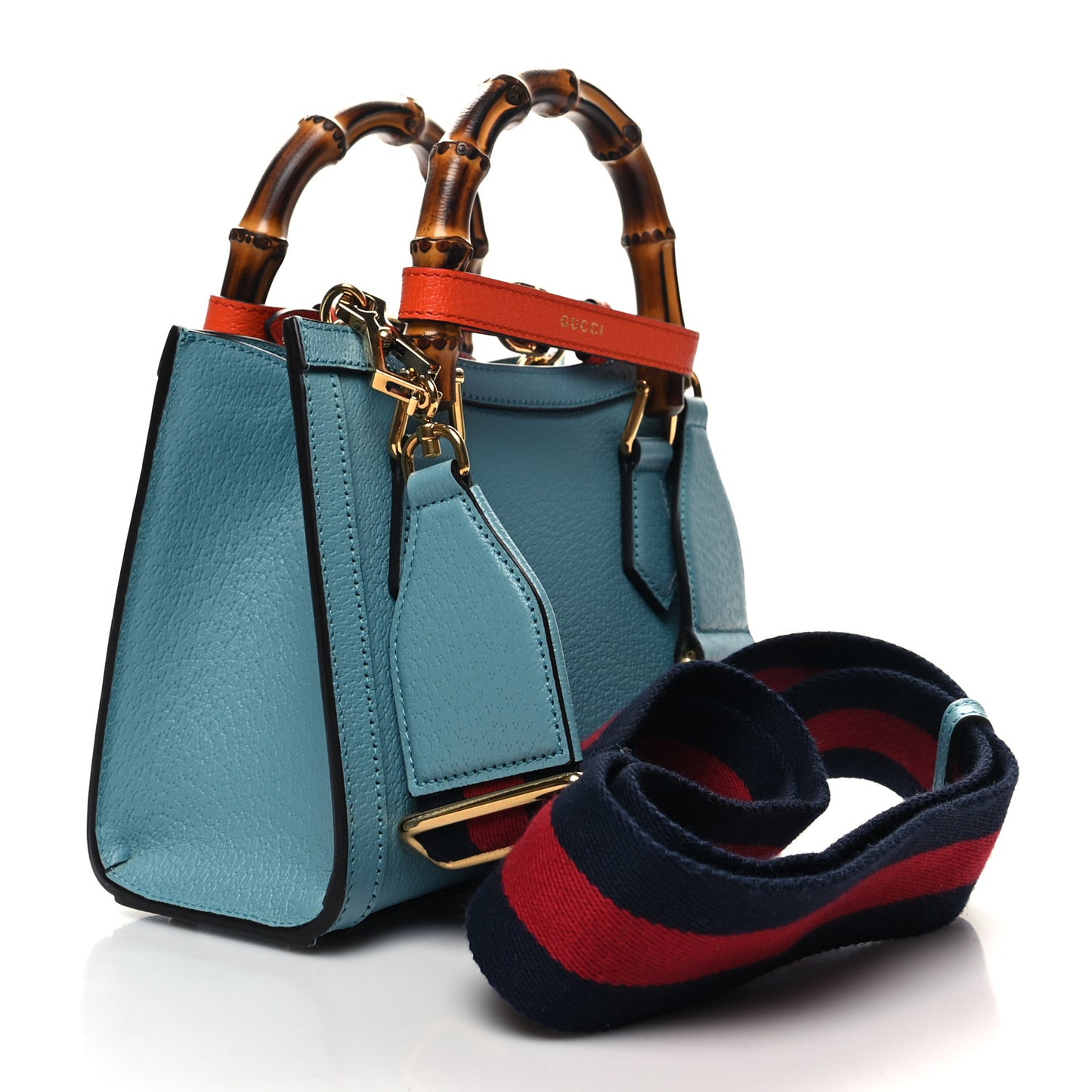 Textured Dollar Calfskin Web Mini Diana Tote Bag Dusty Azure Deep Orange