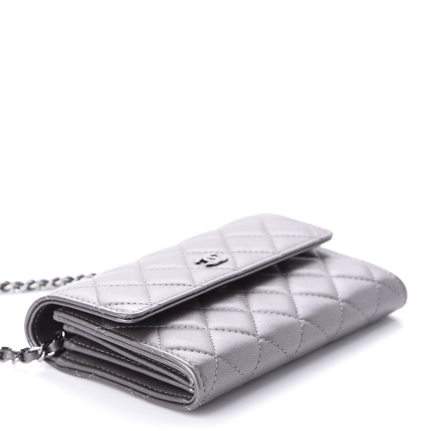 Lambskin Quilted Pearl My Shoulder Mini French Wallet On Chain WOC Silver