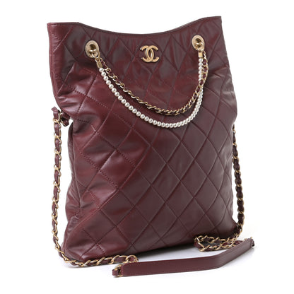 Chanel Calfskin Quilted Crystal Pearls Fold Over Shopping Tote Burgundy 2 of 4