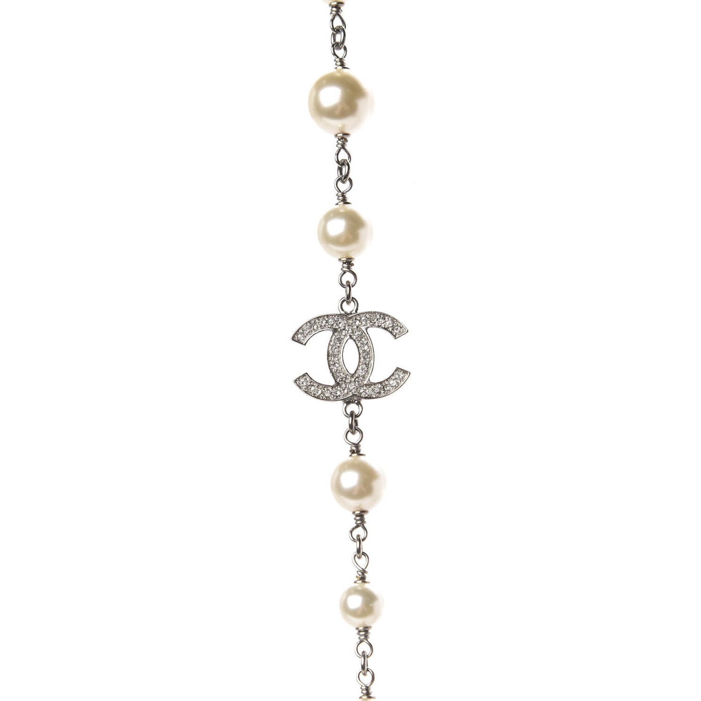 Graduated Pearl Crystal CC Long Necklace Silver