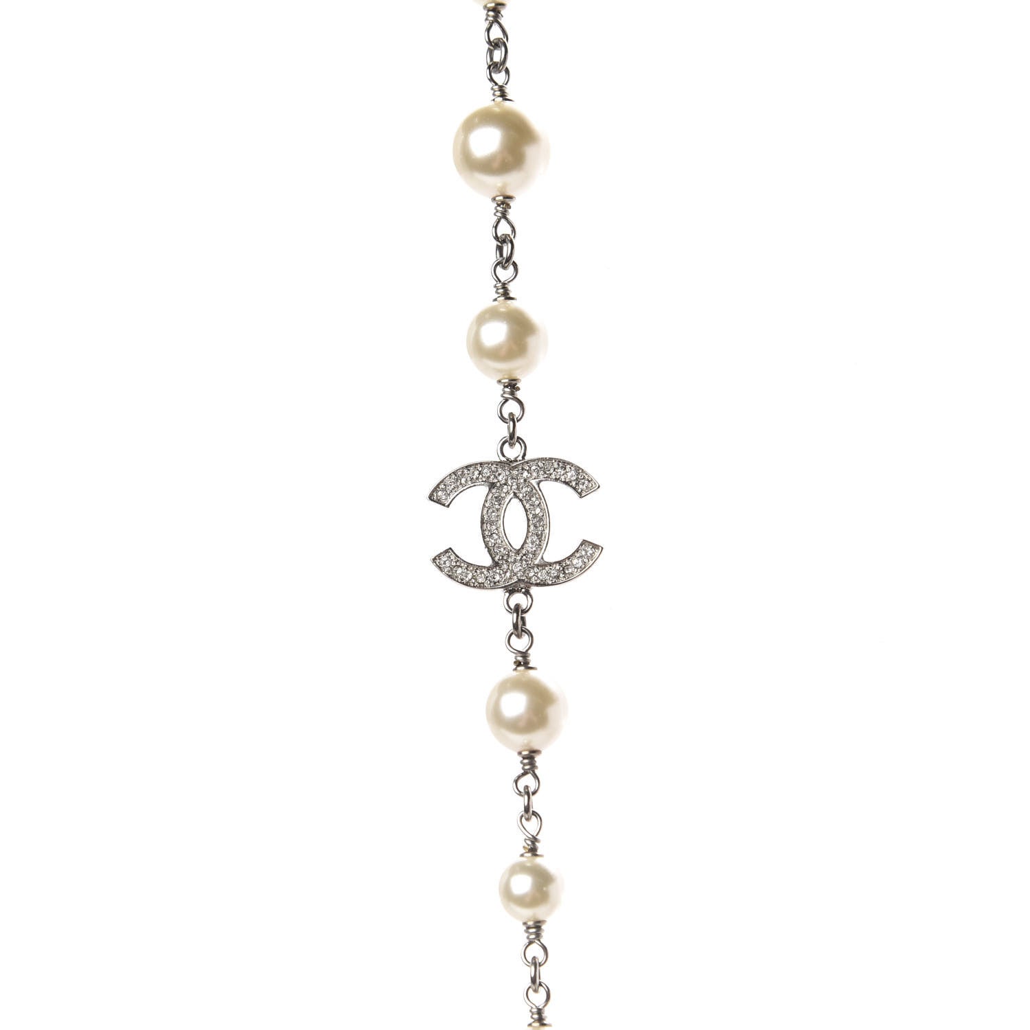 Chanel Graduated Pearl Crystal CC Long Necklace Silver 3 of 5