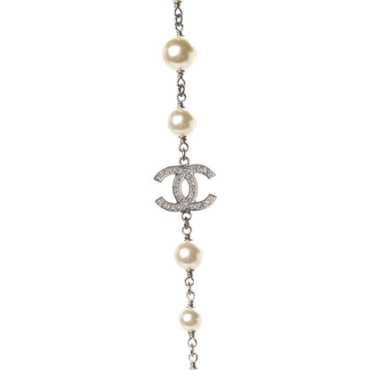 Chanel Graduated Pearl Crystal CC Long Necklace Silver 3 of 5