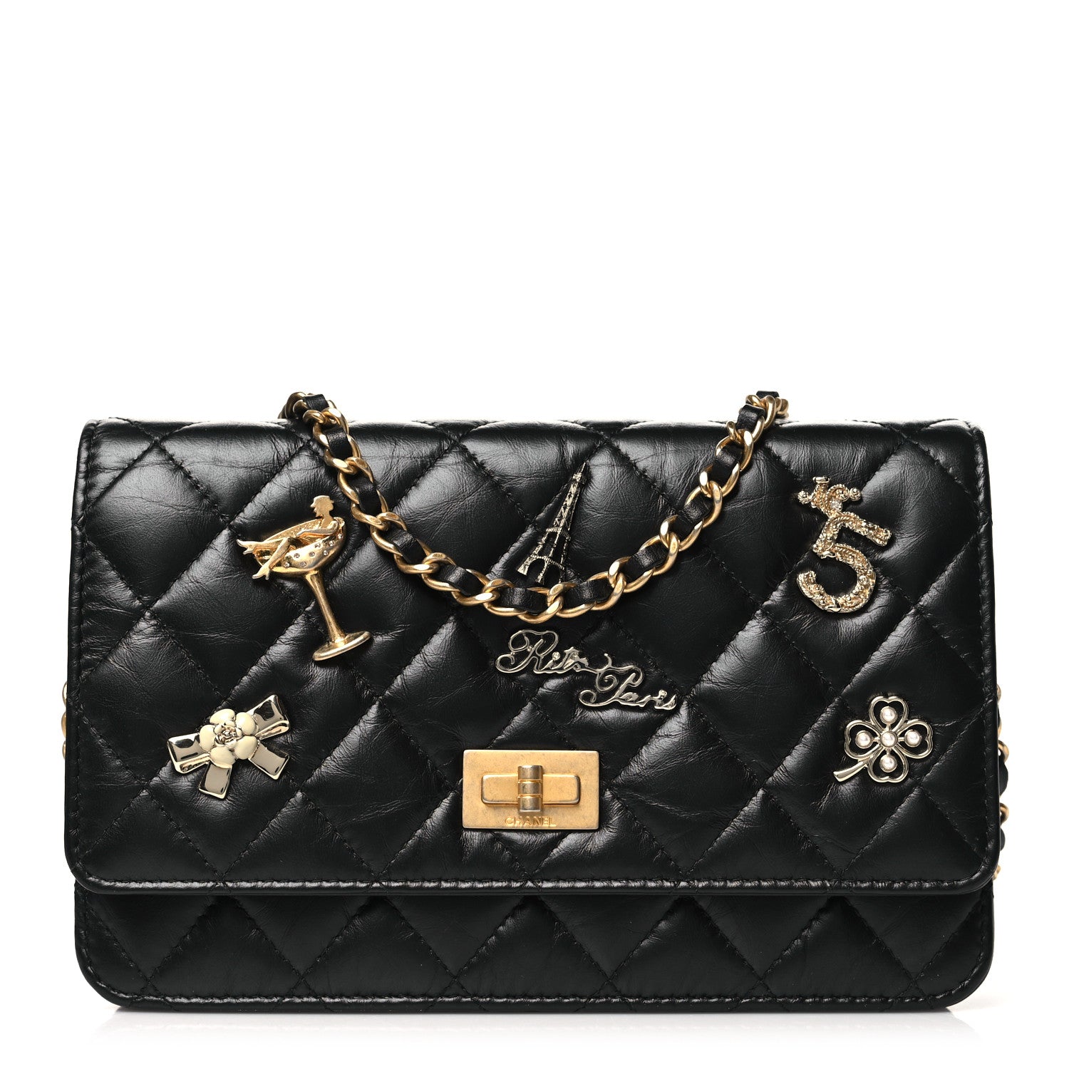 Chanel Aged Calfskin Quilted Lucky Charms 2.55 Reissue Wallet On Chain WOC Black 1 of 12