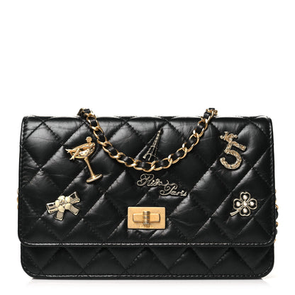 Chanel Aged Calfskin Quilted Lucky Charms 2.55 Reissue Wallet On Chain WOC Black 1 of 12