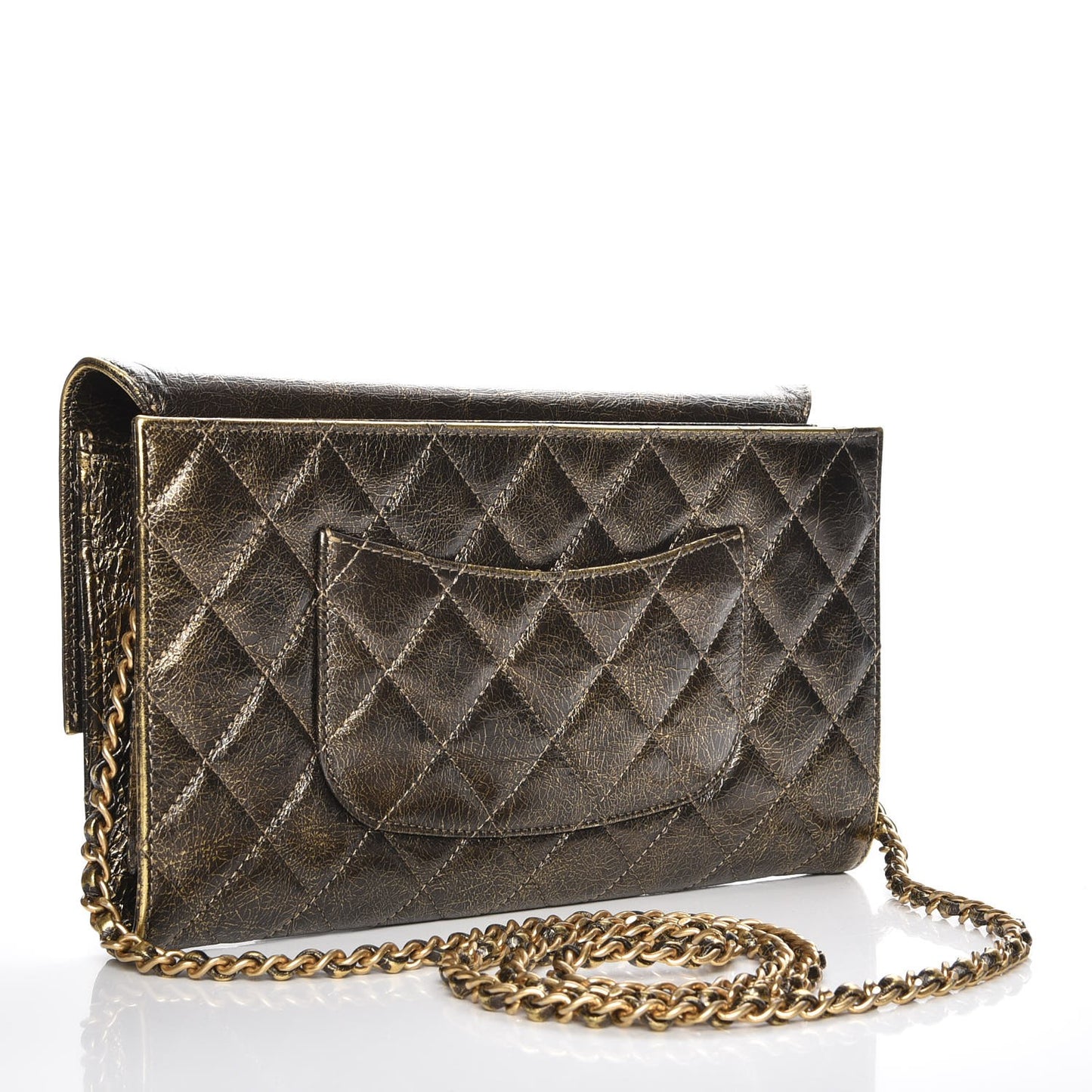 Cracked Metallic Calfskin Quilted Zip Away Chain Clutch Gold