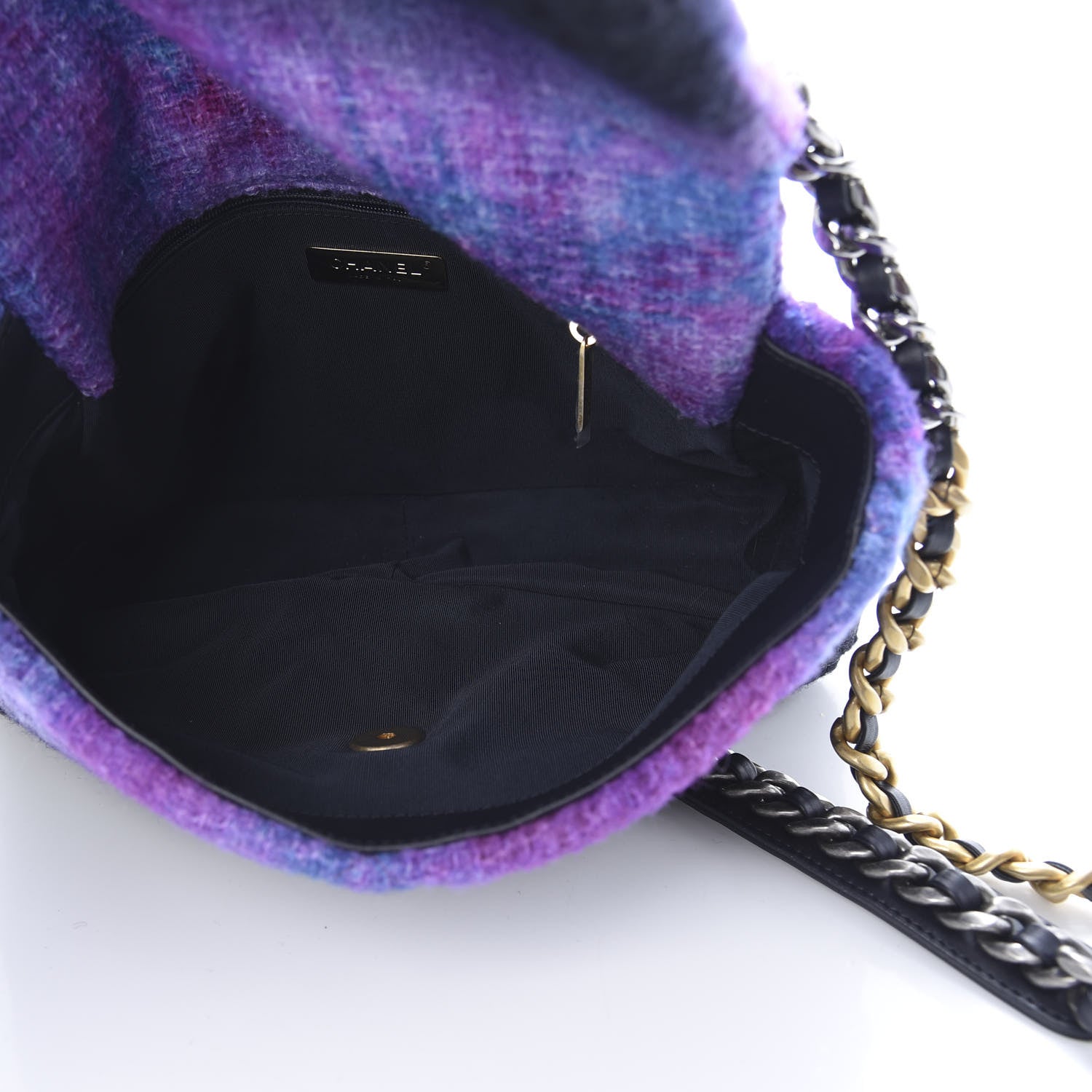 Chanel Wool Tweed Quilted Large 19 Flap Purple Black Blue 5 of 11
