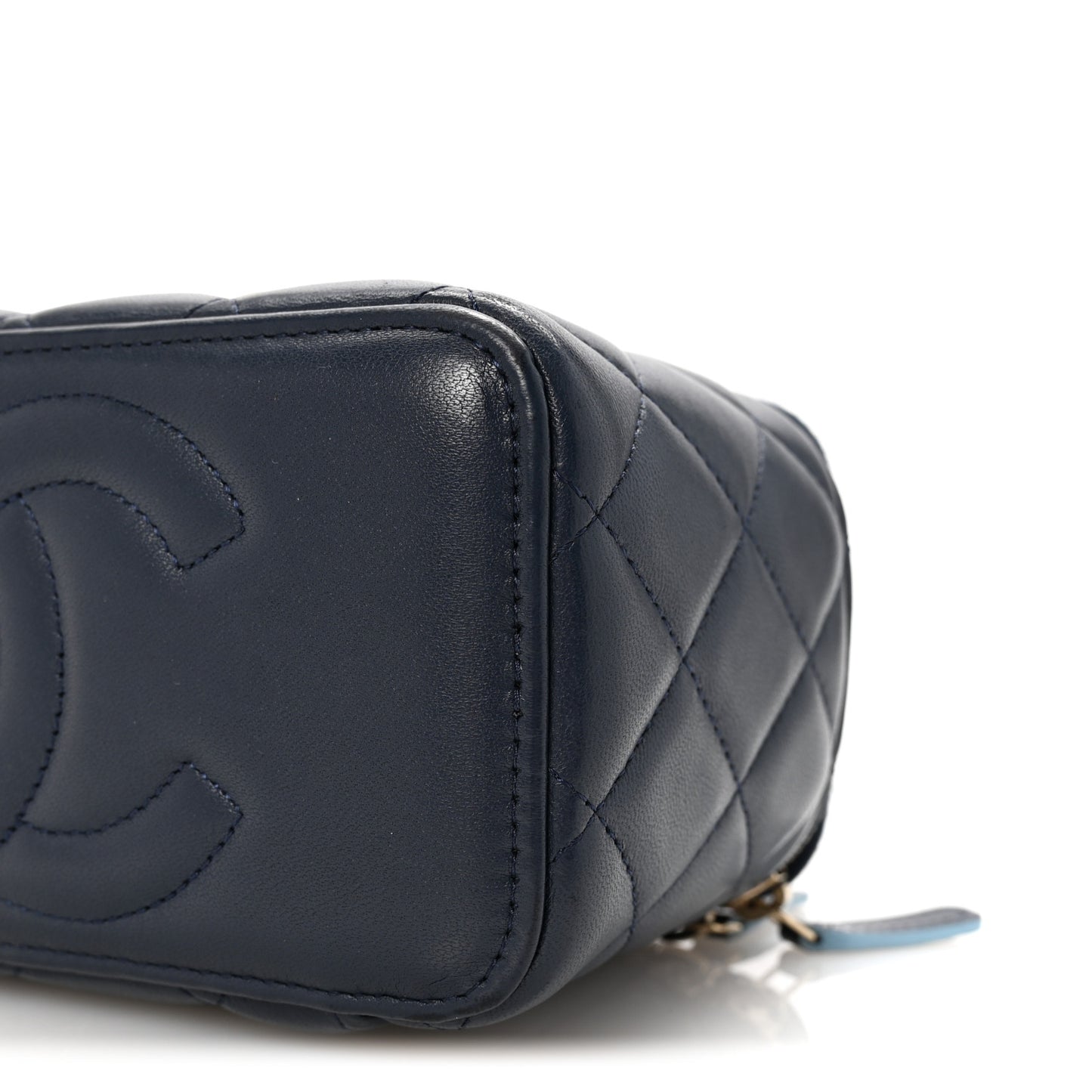 Lambskin Quilted Small Top Handle Vanity Case With Chain Dark Blue Light Blue