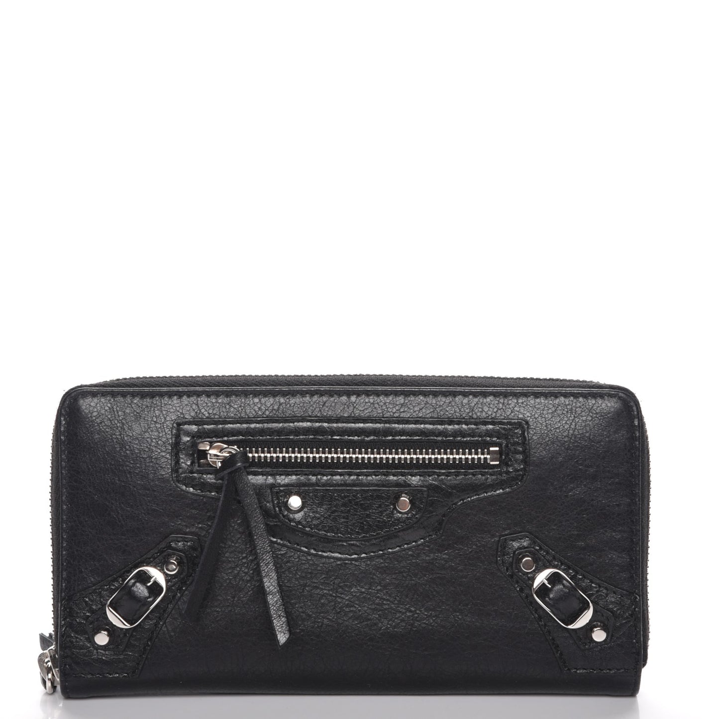 Agneau Classic Silver Hardware Continental Zip Around Wallet Black