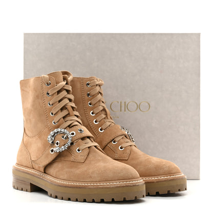 Jimmy Choo Suede Crystal Embellished Cora Flat Combat Boots 39 Caramel 9 of 9