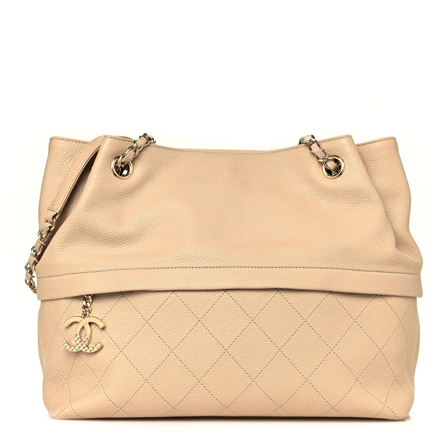 Crumpled Grained Calfskin Zip and Carry Shopping Tote Beige
