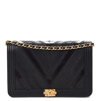 Chanel Calfskin Caviar Chevron Quilted Mixed Boy Wallet On Chain WOC Black 1 of 10