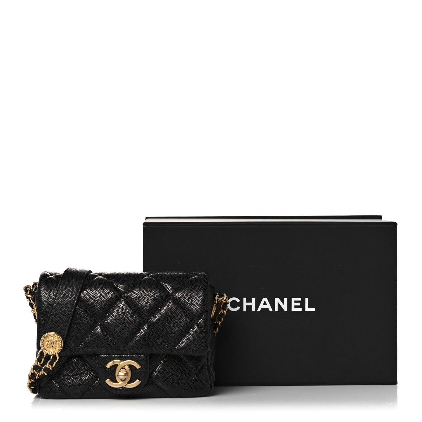 Caviar Quilted Mini Twist Your Buttons Flap Black