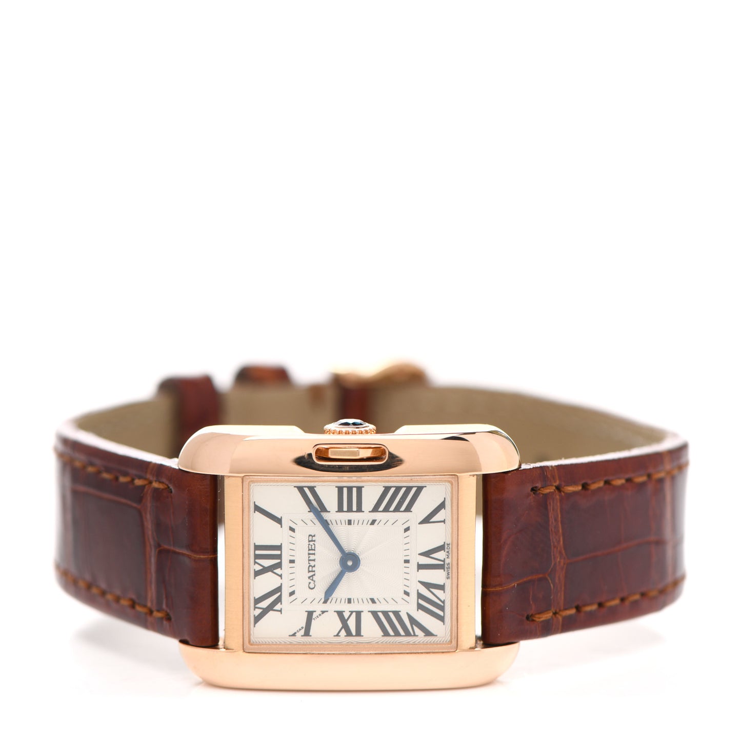 18K Pink Gold Alligator 22mm Tank Anglaise Quartz Watch Brown