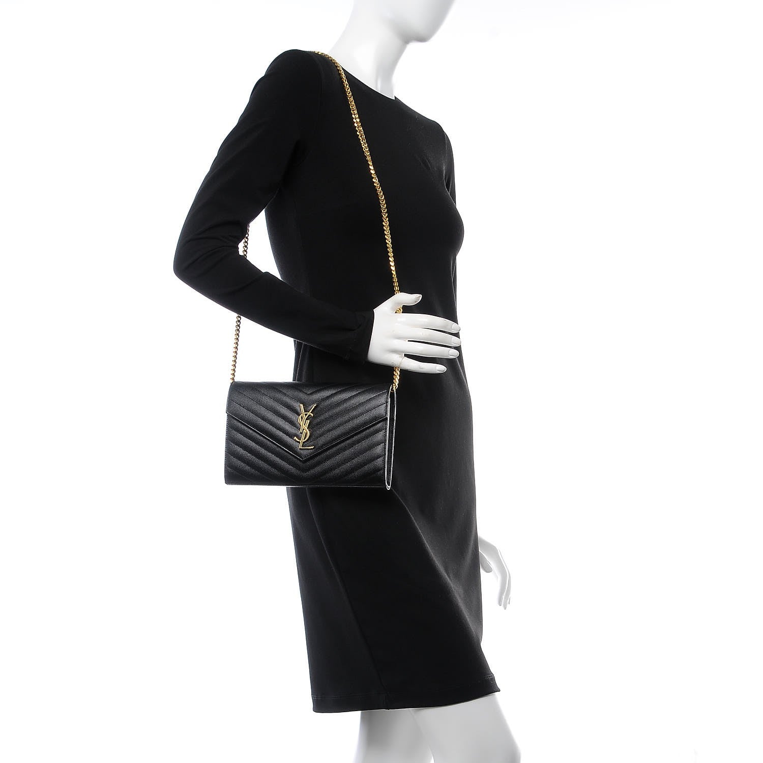 Saint Laurent Grain De Poudre Matelasse Chevron Monogram Chain Wallet Black 2 of 8