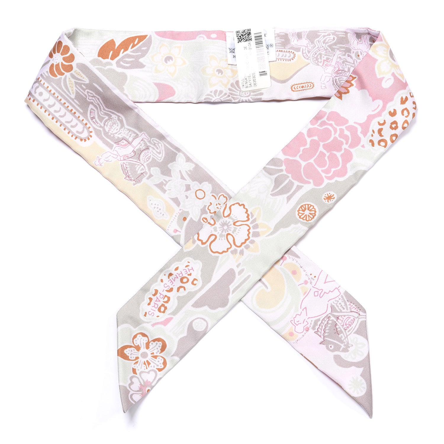 Hermes Silk Bingata Twilly Vieux Rose Vert De 1 of 4