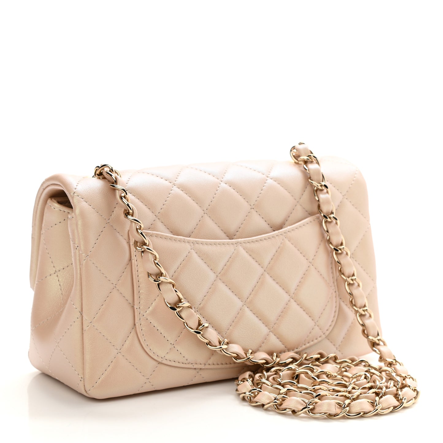 Iridescent Calfskin Quilted Mini Rectangular Flap Beige