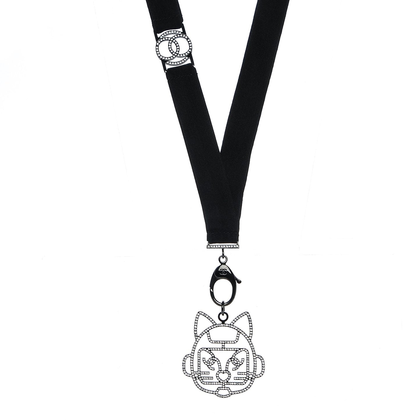 Crystal CC Emoji Robot Cat Lanyard Necklace Black Silver