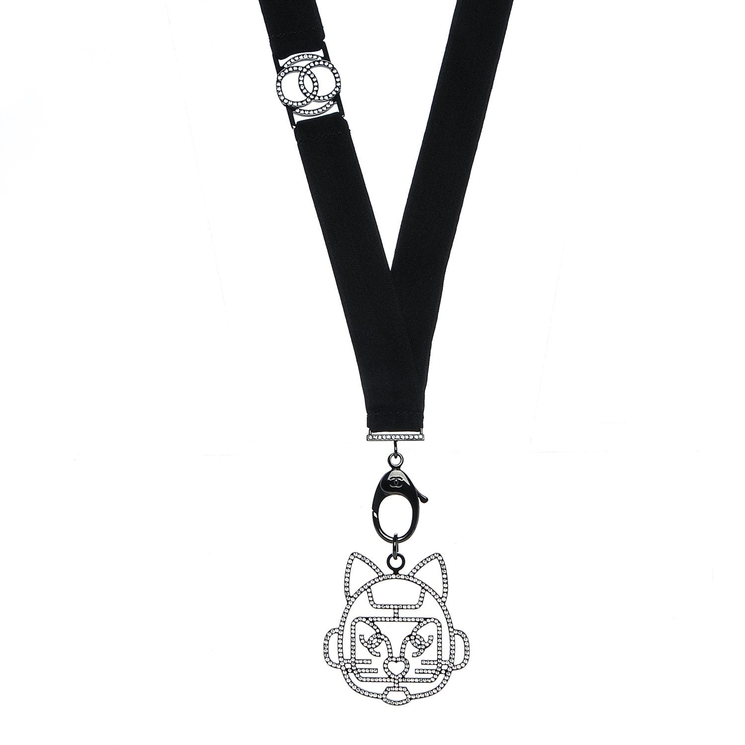 Chanel Crystal CC Emoji Robot Cat Lanyard Necklace Black Silver 1 of 6