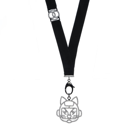 Chanel Crystal CC Emoji Robot Cat Lanyard Necklace Black Silver 1 of 6