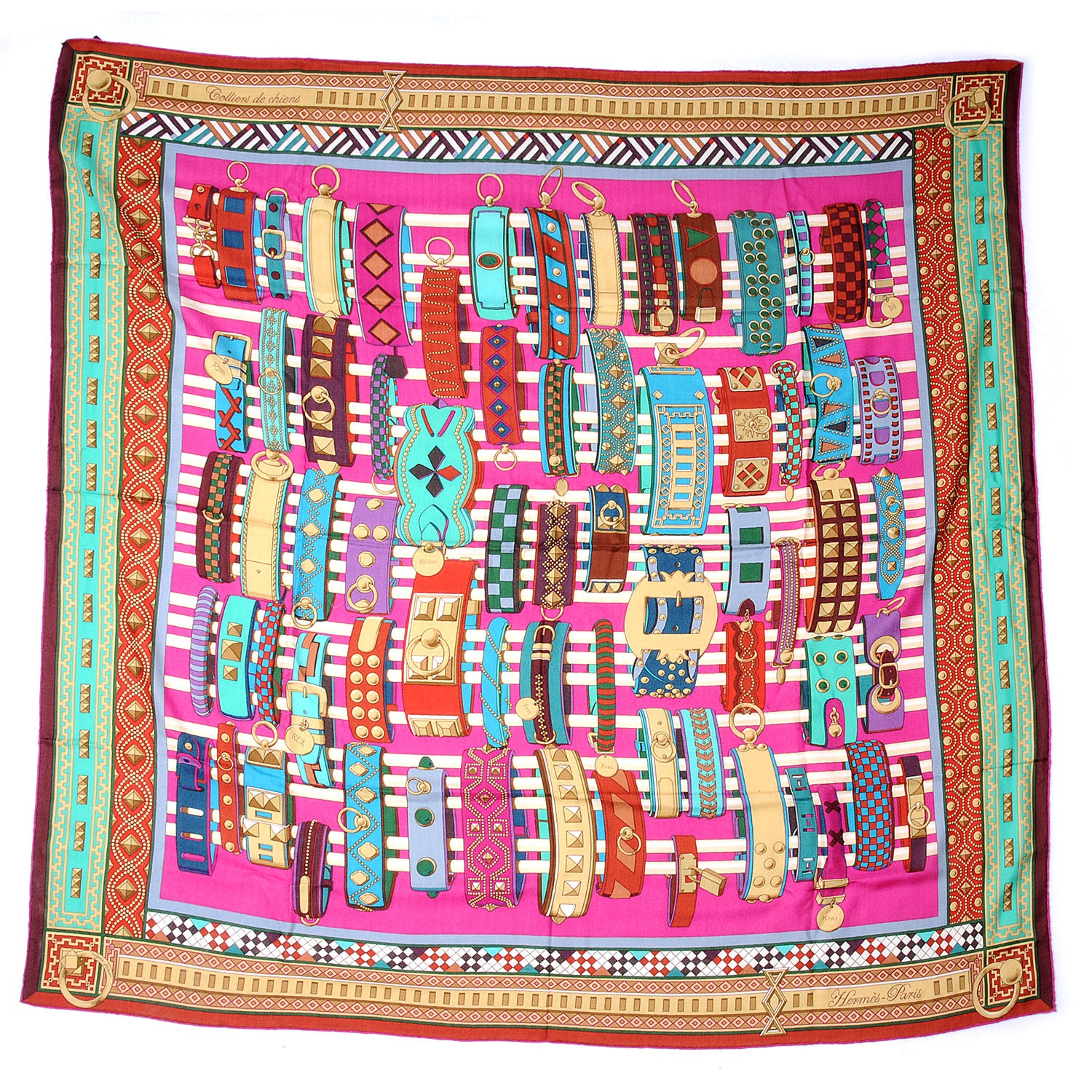 Hermes Cashmere Silk Colliers de Chiens Shawl 140 Fuchsia Turquoise Grenat 2 of 6