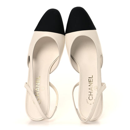 Chanel Goatskin Grosgrain Cap Toe CC Slingback Pumps 38 White Black 2 of 10