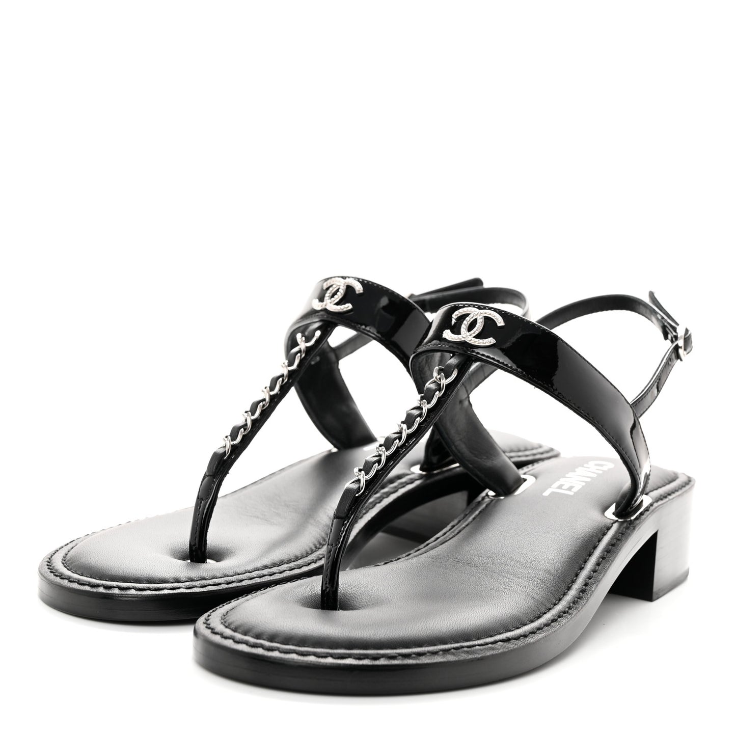 Lambskin Patent Chain CC Logo Thong Sandals 40 Black
