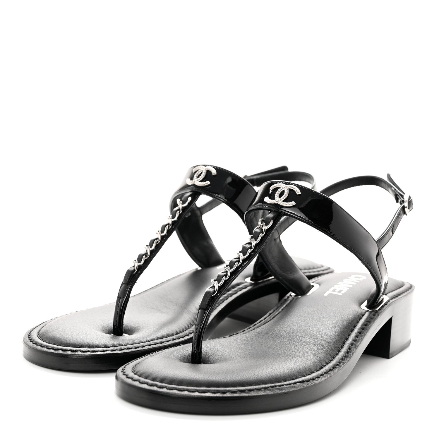 Chanel Lambskin Patent Chain CC Logo Thong Sandals 40 Black 3 of 8