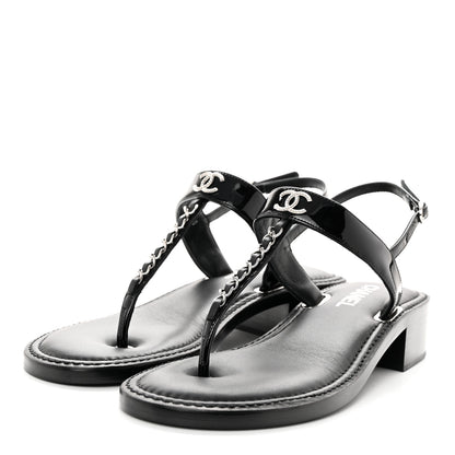 Chanel Lambskin Patent Chain CC Logo Thong Sandals 40 Black 3 of 8