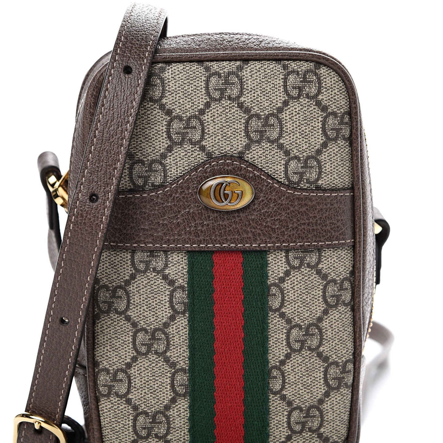GG Supreme Monogram Web Mini Ophidia Double Zip Crossbody Bag Brown