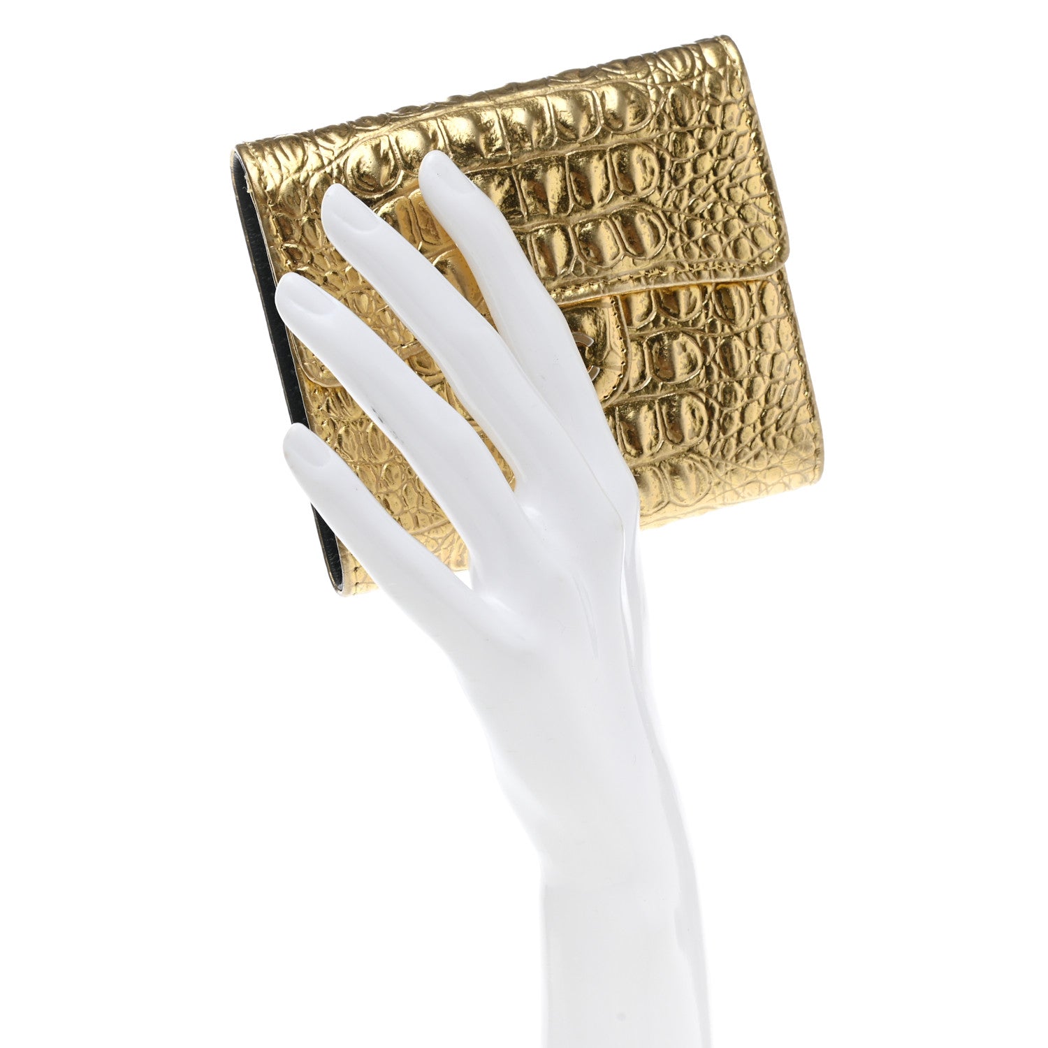 Chanel Metallic Calfskin Crocodile Embossed Cocodile Compact Flap Wallet Gold 2 of 8