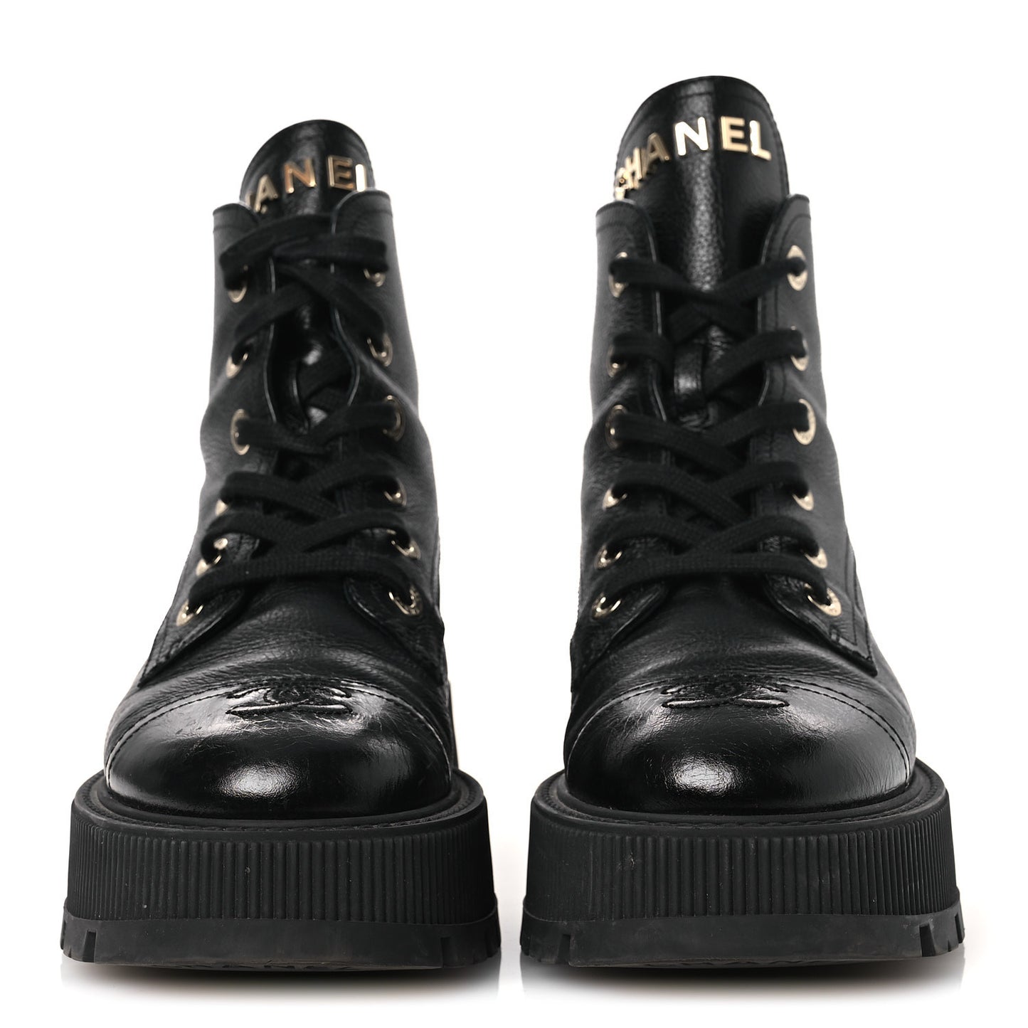 Grained Calfskin Shiny Calfskin CC Lace Up Combat Boots 37.5 Black