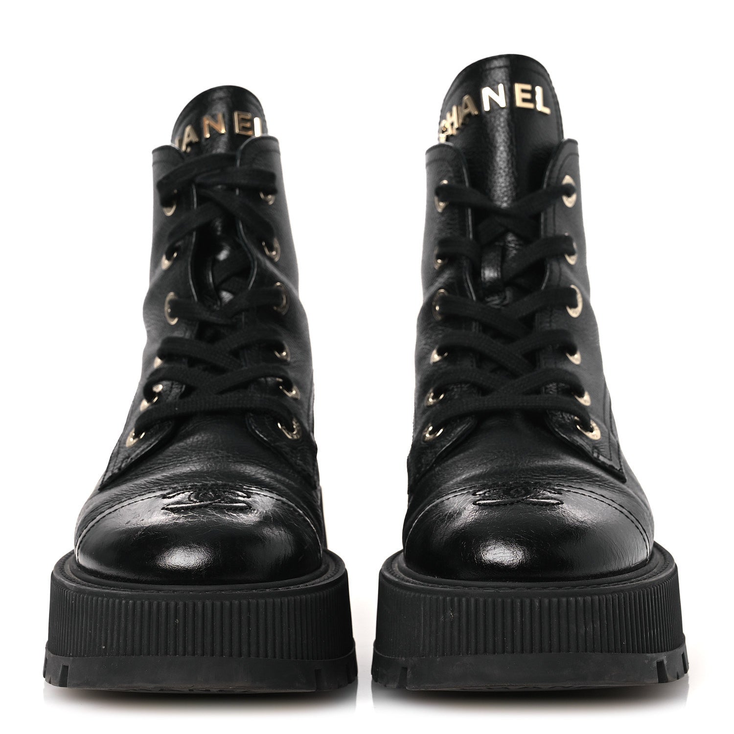 Chanel Grained Calfskin Shiny Calfskin CC Lace Up Combat Boots 37.5 Black 3 of 13