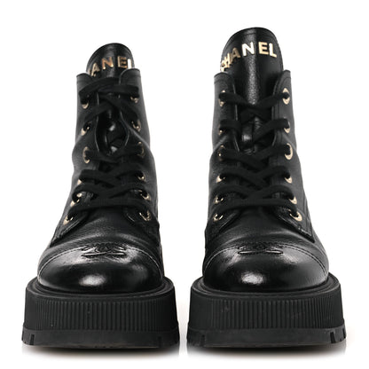 Chanel Grained Calfskin Shiny Calfskin CC Lace Up Combat Boots 37.5 Black 3 of 13