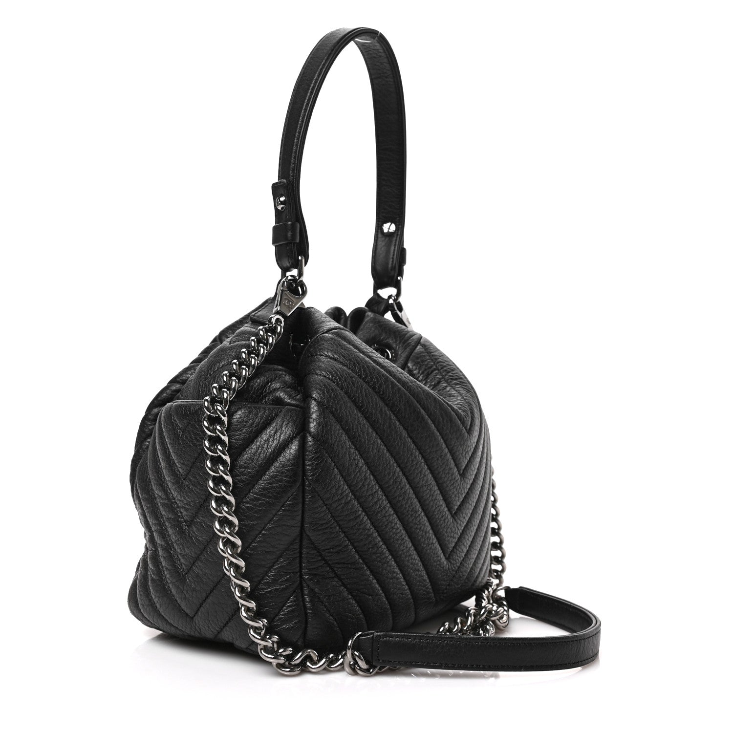 Chanel Deerskin Chevron Small CC Chain Bucket Drawstring Bag Black 3 of 8