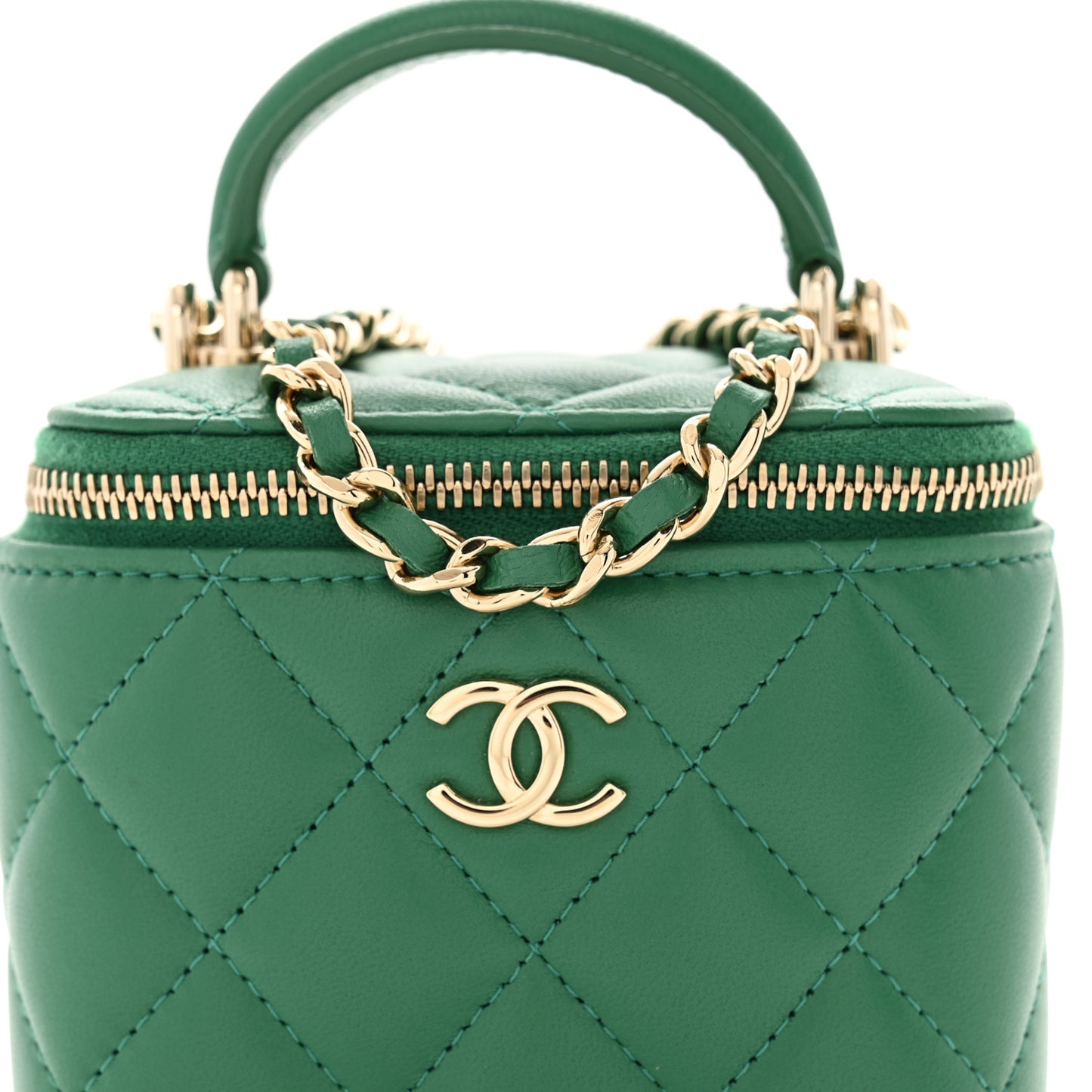 Lambskin Quilted Top Handle Mini Vanity Case With Chain Green