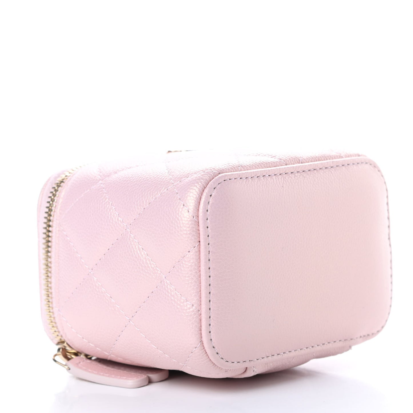 Iridescent Caviar Quilted Mini Pearl On Top Vanity Case With Chain Light Pink
