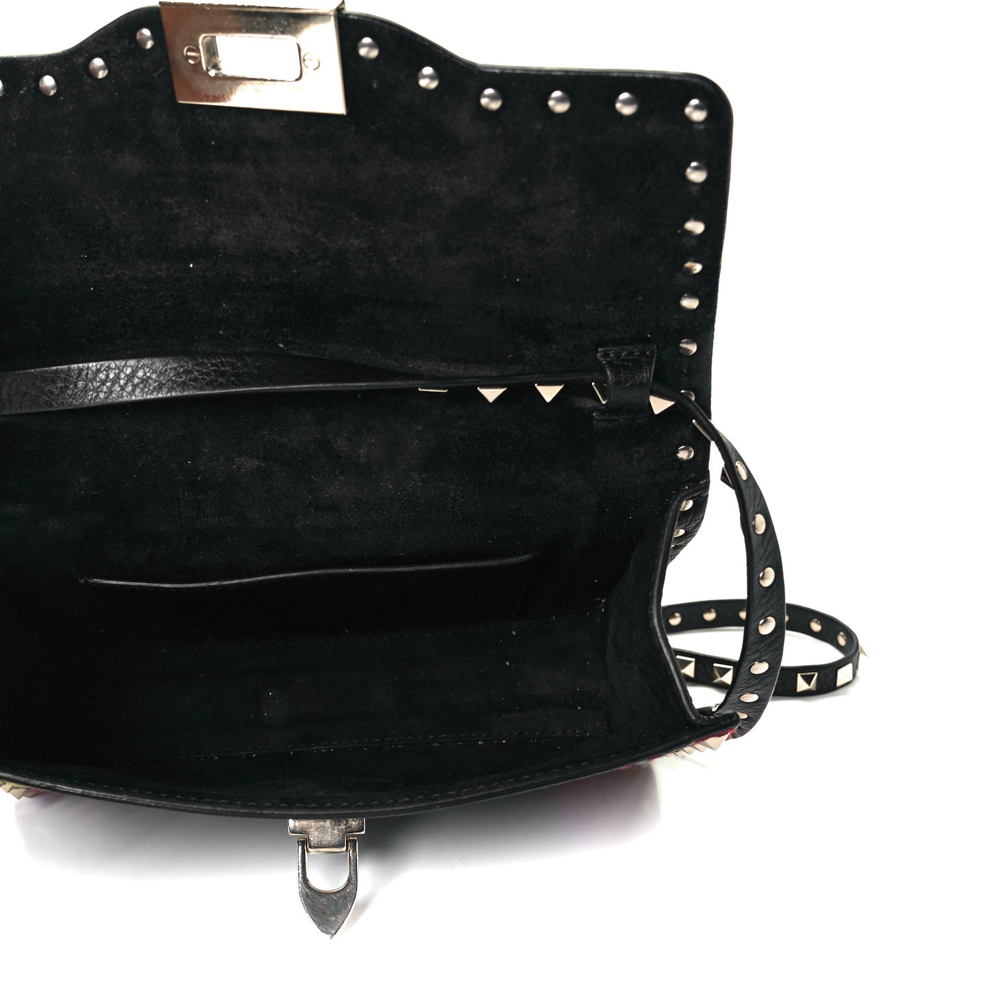 Pebbled Calfskin Embroidered Medium Rockstud Flip Lock Crossbody Bag Black