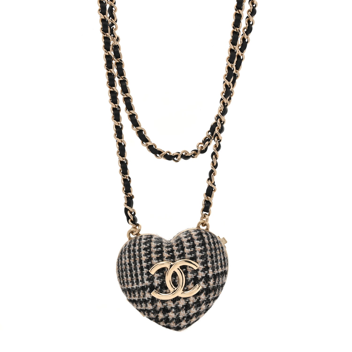 Chanel Tweed Lambskin CC Heart Locket Necklace Gold Black White 1 of 6