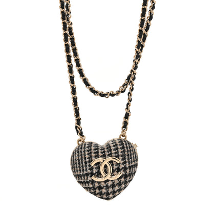 Chanel Tweed Lambskin CC Heart Locket Necklace Gold Black White 1 of 6