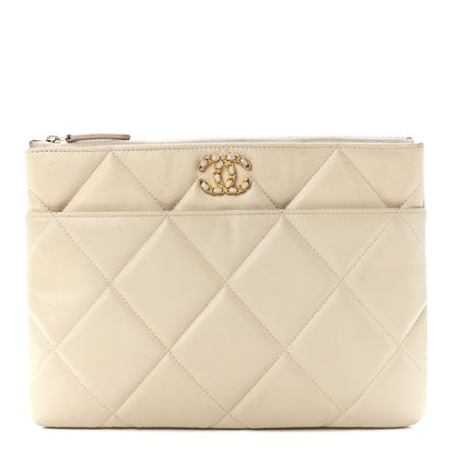 Chanel Shiny Goatskin Quilted Chanel 19 Pouch Beige 1 of 11